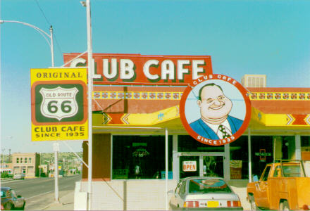 Fat Man smiles over Club Cafe, Santa Rosa, NM June, 1992 shortly before it closed
