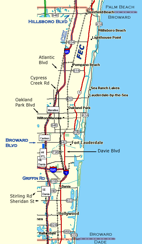 map of Broward county annotated with train watching sites