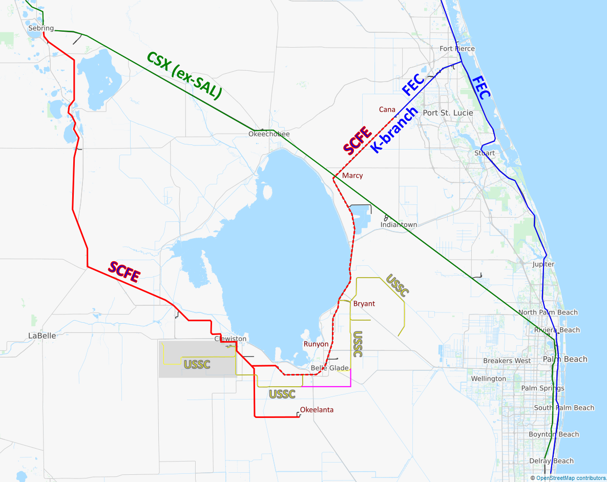 Overview map of Florida sugar railroads