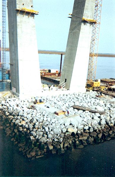 Lower angle of island with forms for footings being placed