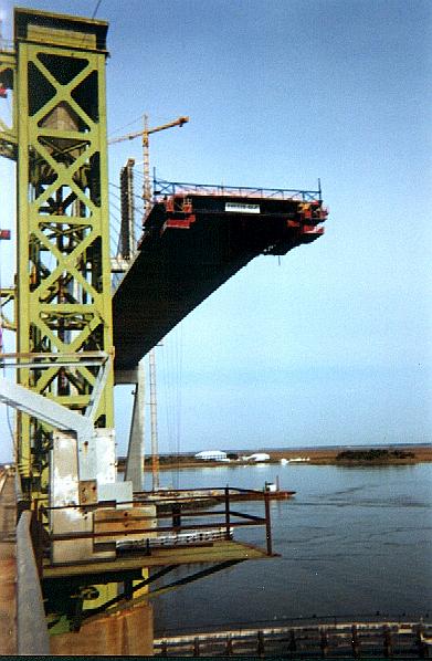 Looking up at the new cable-stayed span ending in mid-air