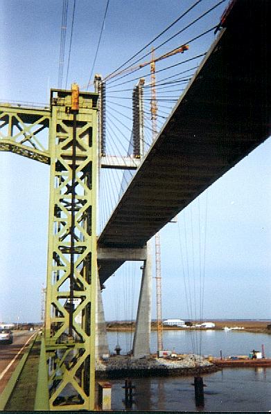 Looking up at the cable-stayed span and cables