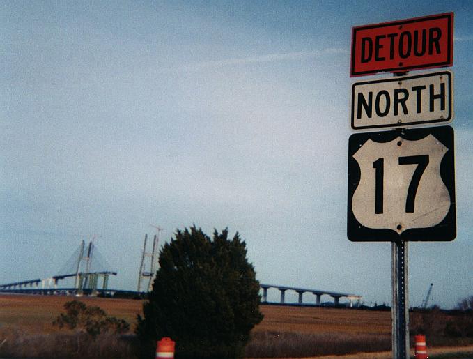 Poor distant view of new high bridge with US 17 detour sign, Brunswick, GA